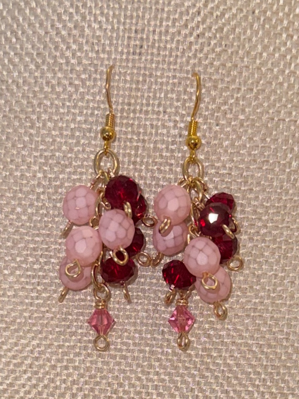 Gold-Tone Pink & Deep Red Beaded Cluster Drop Earrings